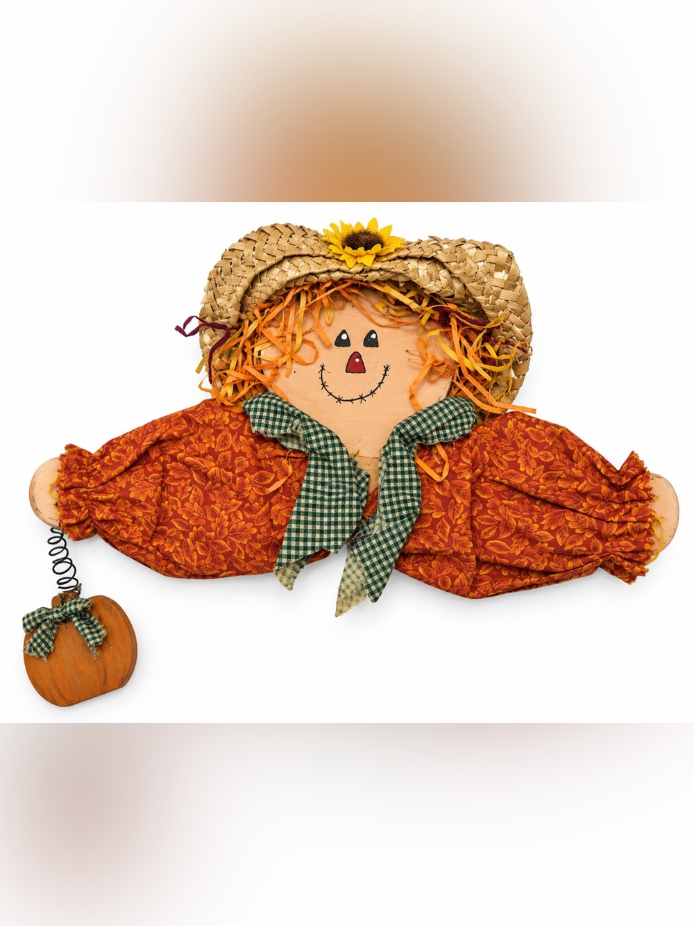 Vintage Scarecrow Fall Wall Hanging with Wooden Pumpkin 11” x 7” Halloween Decor